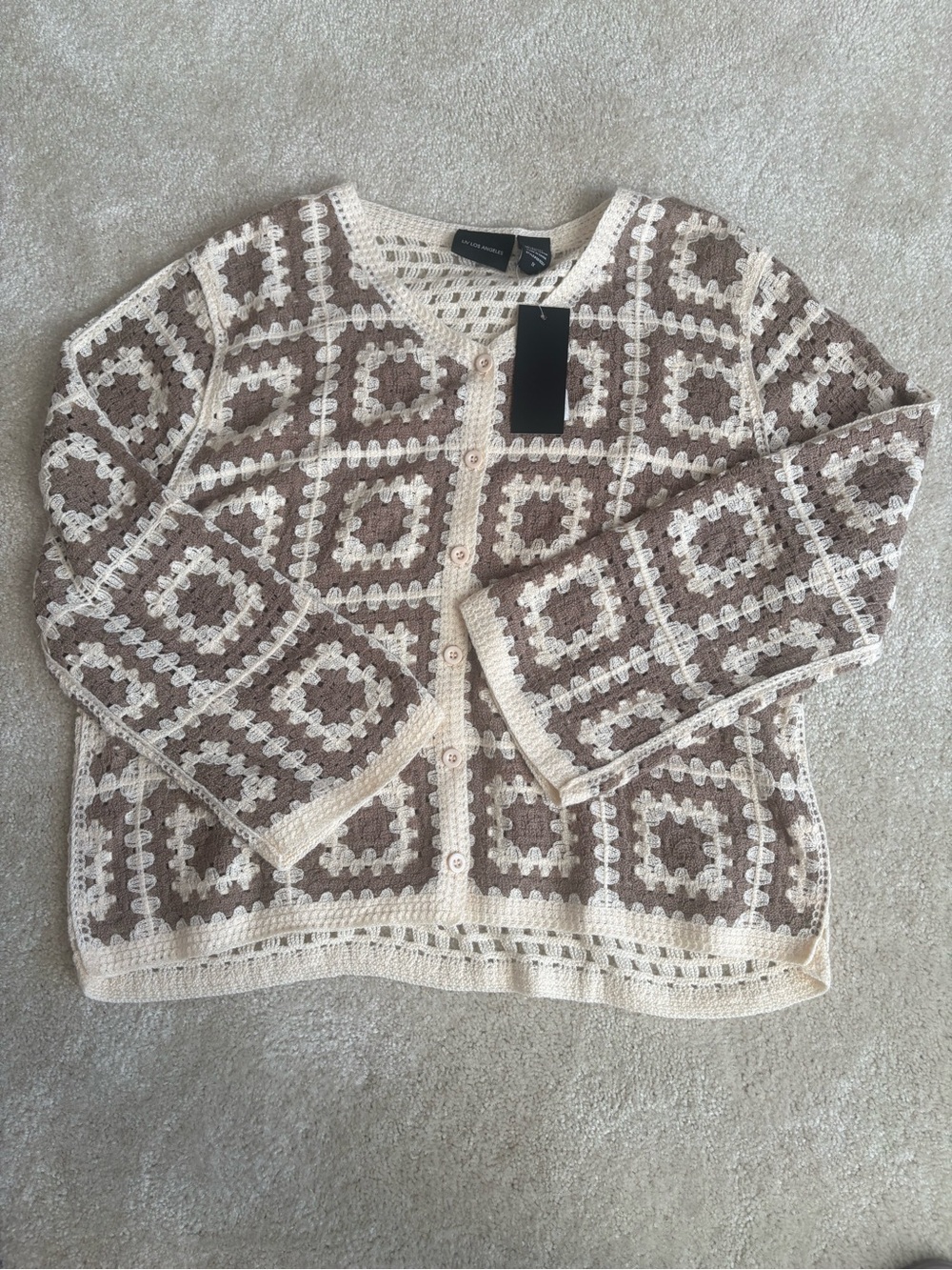Openwork Geometric Crochet Cardigan - Cream & Brown